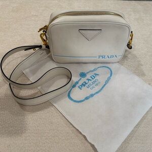 Authentic Prada White Leather Logo Stripe Crossbody Blue  Detail W/ Dust bag